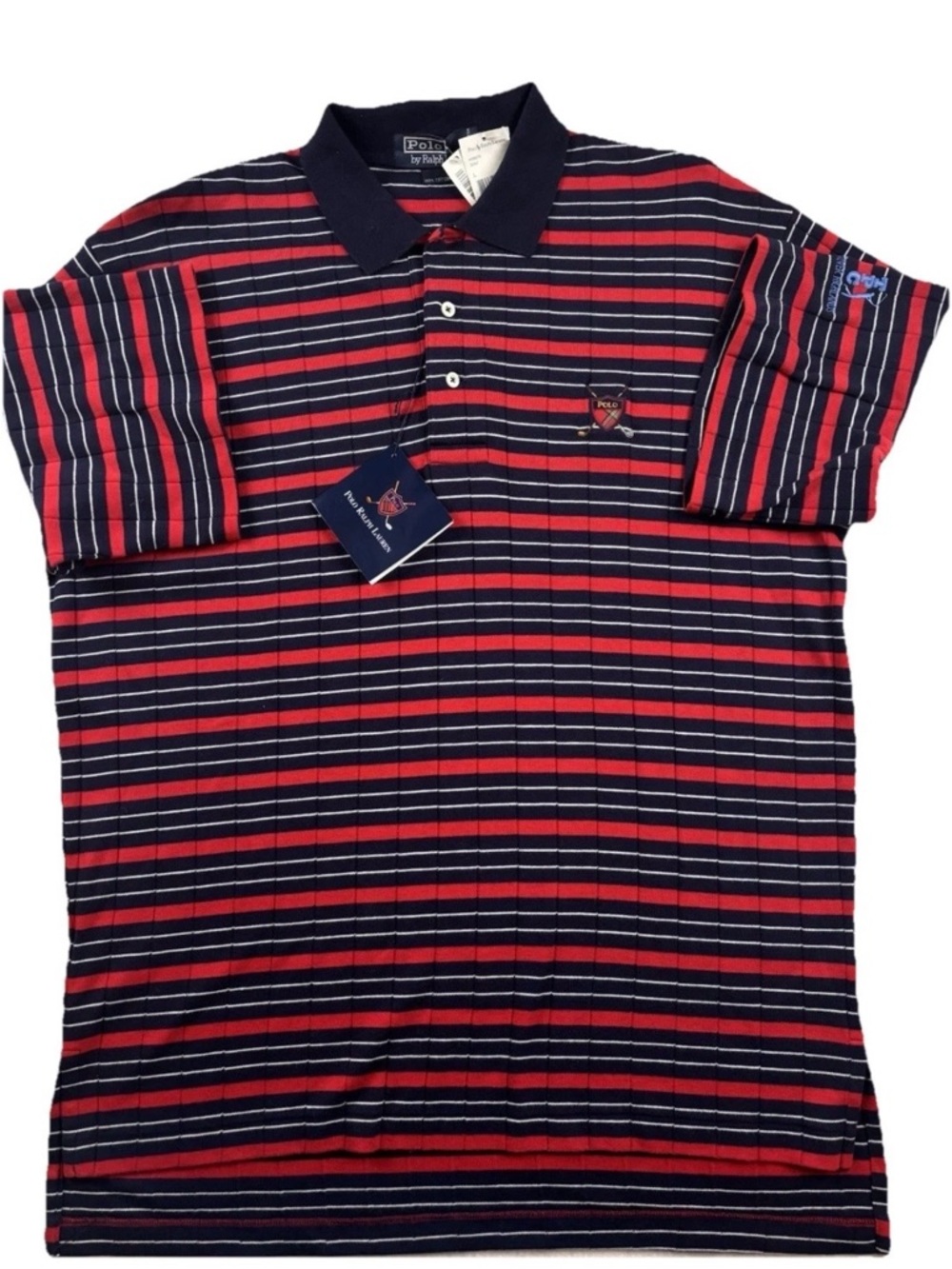 NWT VTG POLO RALPH LAUREN TPC RIVER HIGHLANDS GOLF SHIRT L STRIPE CREST NAVY RED